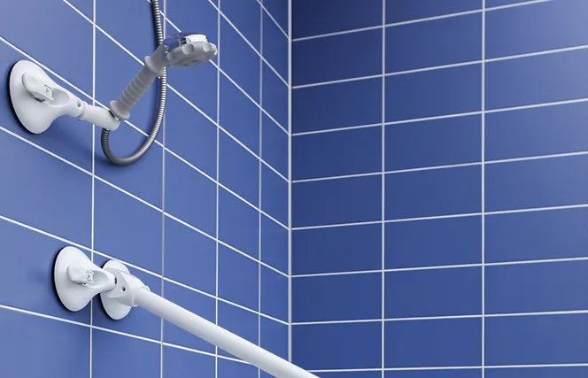 Porte-douche sur ventouse Mobeli avec bras mobile et indicateur de sécurité