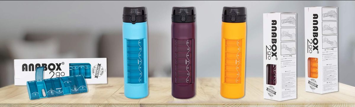 ANABOX 2GO - drinkfles met geïntegreerd pillendoosje - 1 week - 700 ml - turkoois