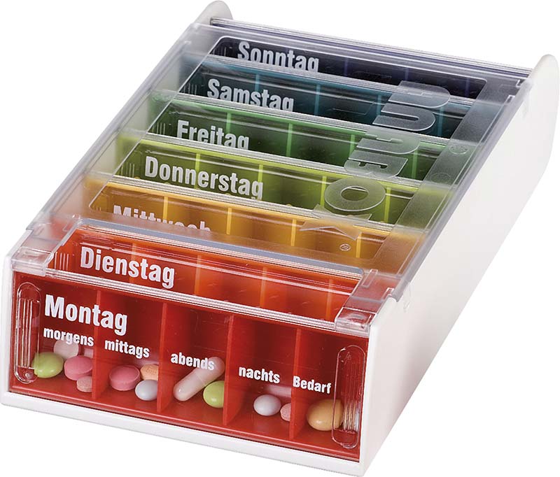Boîte à médicaments ANABOX pour 7 jours - 5 comparti. par jour - chaque jour une autre couleur - fr