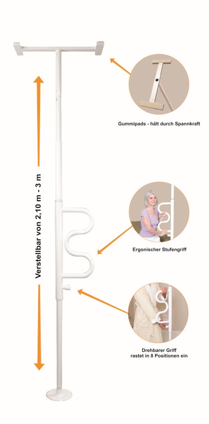 Transferpaal Stander met dubbel gebogen pivoterende handgreep wit 210 tot 300 cm